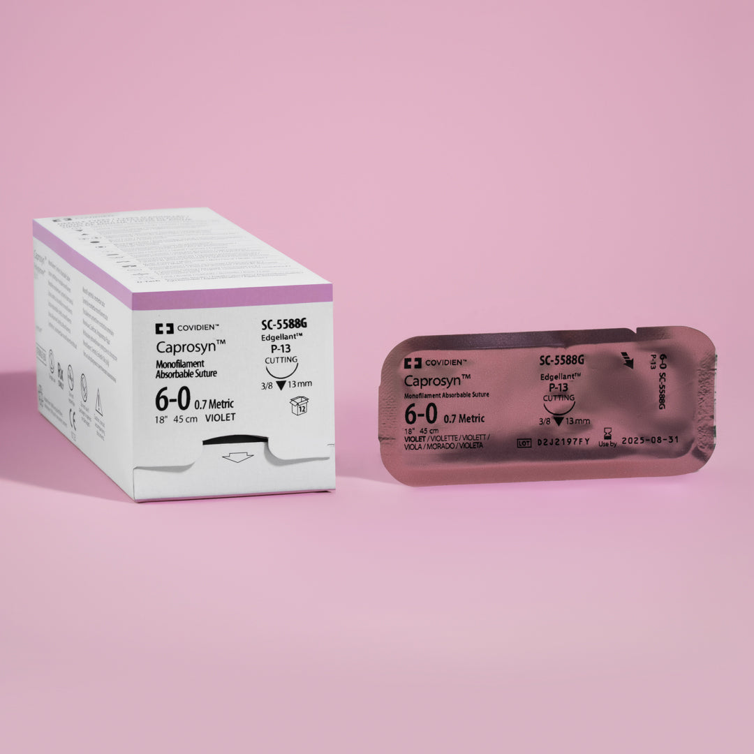 Image of Covidien's CAPROSYN Monofilament Absorbable Suture packaging, labeled SC5588G. The box is highlighted in shades of purple and white, denoting the violet-colored, 6-0 gauge, 18-inch suture with a P-13 reverse cutting needle. The packaging emphasizes its monofilament and absorbable nature, suitable for precise surgical applications.