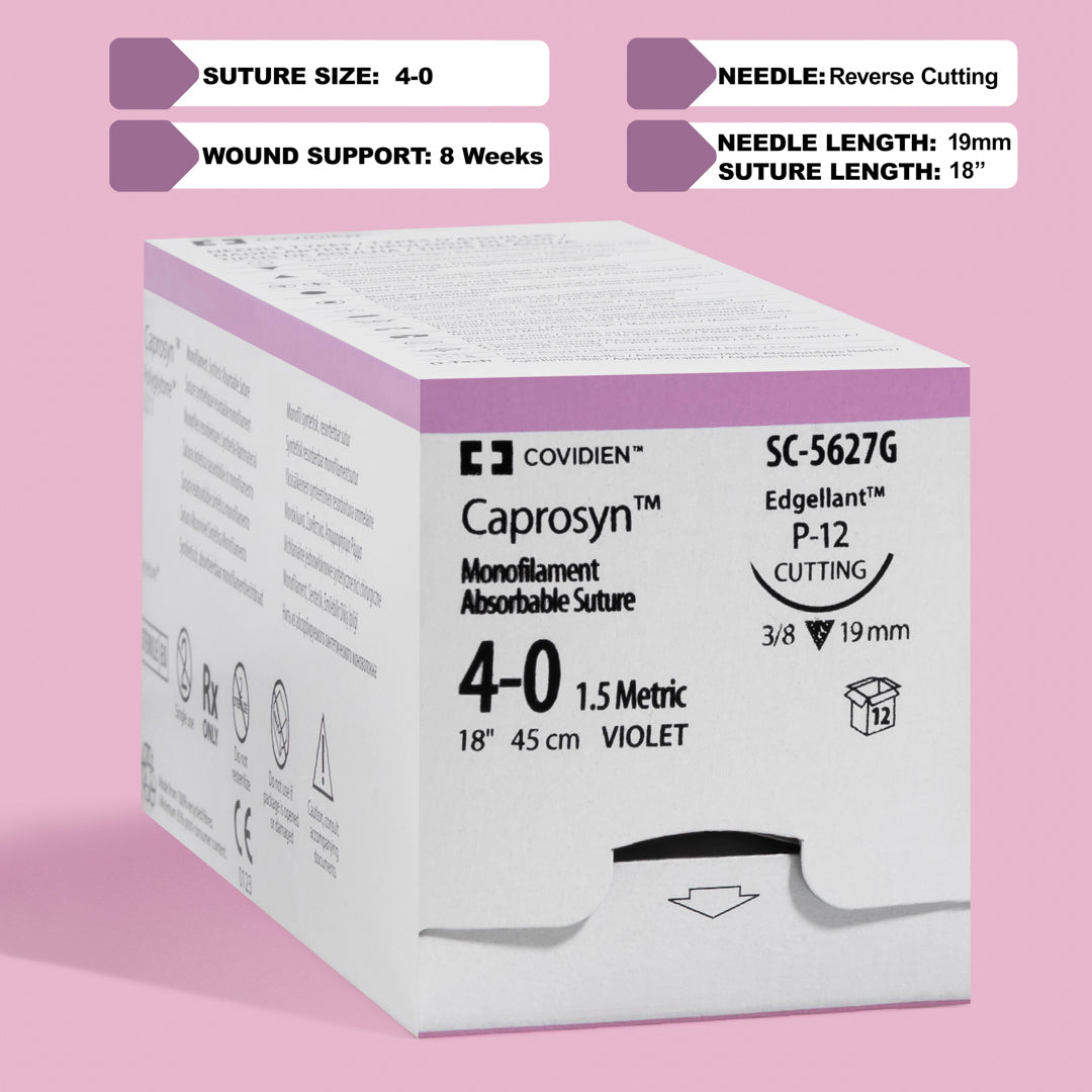 Image of a box of Covidien's CAPROSYN Monofilament Absorbable Sutures, size 4-0, with product reference SC-5627G. The packaging is marked in violet, highlighting the suture's size, needle type P-12 reverse cutting, and length of 18 inches. Symbols on the box denote its absorbable and monofilament characteristics, emphasizing its suitability for precise surgical applications.