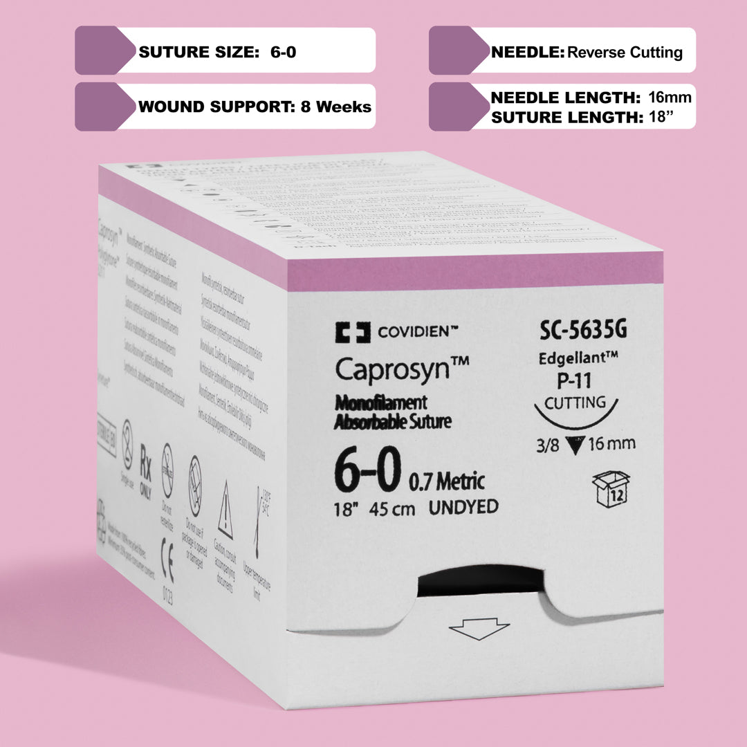 Image showcasing a box of Covidien's CAPROSYN Monofilament Absorbable Sutures, size 6-0, with reference SC-5635G. Visible on the box are the undyed suture specifications, 18-inch length, and the P-11 reverse cutting needle. The box underscores the suture's monofilament and absorbable qualities for surgical use.