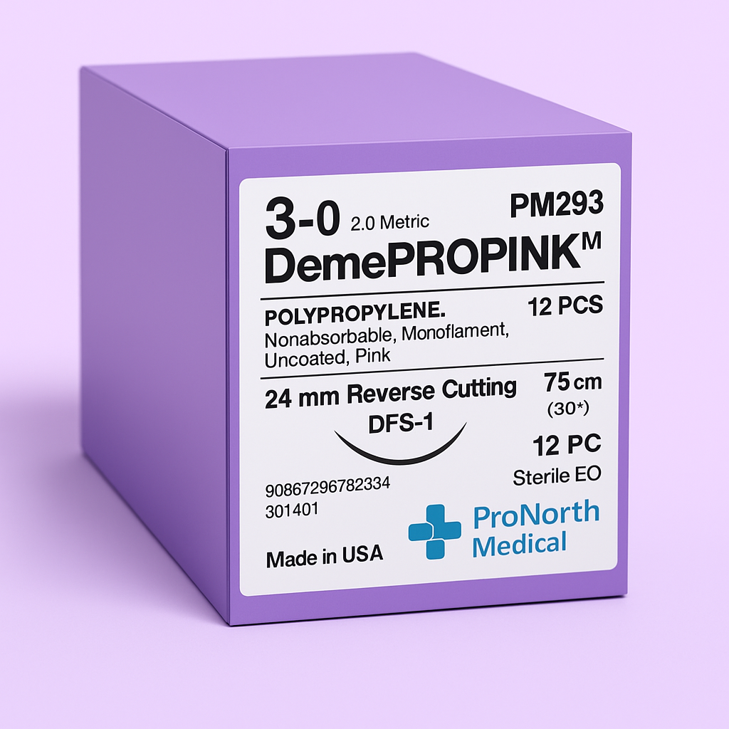 Box of 3-0 DEMEPROPINK pink polypropylene monofilament suture, 75 cm, with a 24 mm 3/8-circle needle, 12 per box, for veterinary use.