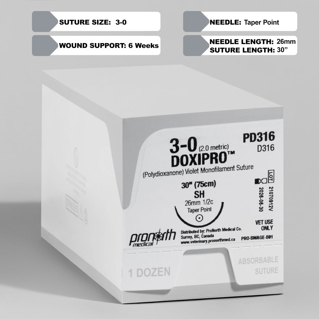 Product image of ProNorth Medical's DOXIPRO™ PD316 veterinary suture packaging. The box is white with clear labeling of the suture size as 3-0, the needle type as taper point, and the suture length as 30 inches. It's marked for veterinary use only, with the violet monofilament suture designed for superior wound support and visibility