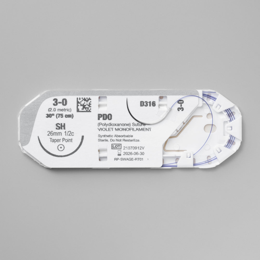 Product image of ProNorth Medical's DOXIPRO™ PD316 veterinary suture packaging. The box is white with clear labeling of the suture size as 3-0, the needle type as taper point, and the suture length as 30 inches. It's marked for veterinary use only, with the violet monofilament suture designed for superior wound support and visibility