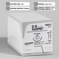 Image of a ProNorth Medical's DOXIPRO™ PD317 veterinary suture box, marked for veterinary use only. The box displays the suture size as 2-0, needle type as taper point, and suture length as 30 inches, with a violet monofilament suture designed for effective wound support and high visibility during surgeries.