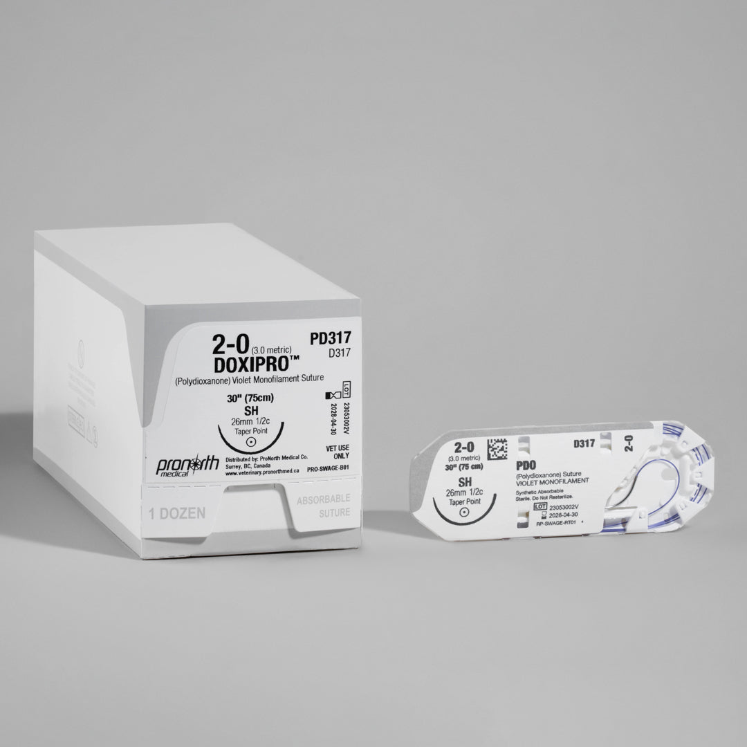Image of a ProNorth Medical's DOXIPRO™ PD317 veterinary suture box, marked for veterinary use only. The box displays the suture size as 2-0, needle type as taper point, and suture length as 30 inches, with a violet monofilament suture designed for effective wound support and high visibility during surgeries.