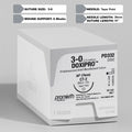 Image of ProNorth Medical's DOXIPRO™ PD332 suture packaging, indicating its use for veterinary surgeries. The box highlights the 3-0 suture size, 30-inch length, and CT-2 taper point needle, all in a violet hue for improved surgical visibility, reflecting the suture's absorbable and monofilament properties.
