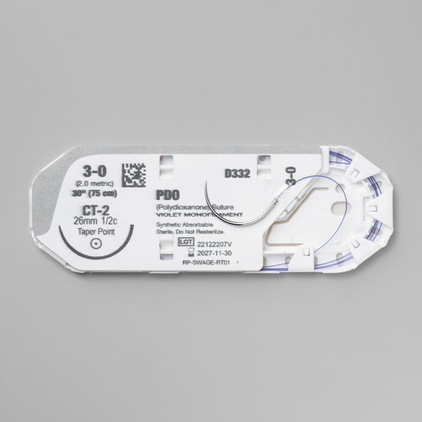 Image of ProNorth Medical's DOXIPRO™ PD332 suture packaging, indicating its use for veterinary surgeries. The box highlights the 3-0 suture size, 30-inch length, and CT-2 taper point needle, all in a violet hue for improved surgical visibility, reflecting the suture's absorbable and monofilament properties.