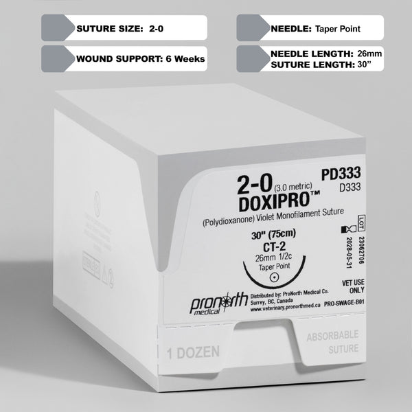 ProNorth Medical's DOXIPRO™ PD333 suture box, labeled for veterinary use, displaying a 2-0 size and 30-inch length violet monofilament suture with a CT-2 taper point needle. The packaging conveys the suture's absorbable nature, high tensile strength, and commitment to surgical excellence in veterinary practices.