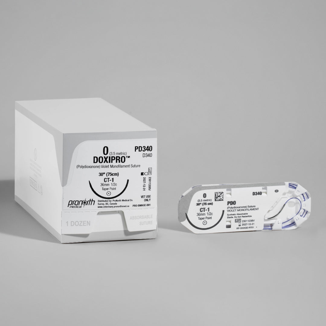ProNorth Medical's DOXIPRO™ PD340 suture package, featuring a size 0 violet monofilament suture with a CT-1 taper point needle. Labeled for veterinary use only, it emphasizes the suture's 30-inch length and absorbable quality, designed for high-performance in veterinary surgical settings
