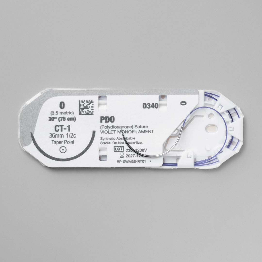 ProNorth Medical's DOXIPRO™ PD340 suture package, featuring a size 0 violet monofilament suture with a CT-1 taper point needle. Labeled for veterinary use only, it emphasizes the suture's 30-inch length and absorbable quality, designed for high-performance in veterinary surgical settings