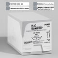Image shows ProNorth Medical's DOXIPRO™ PD451 suture package, marked for veterinary use. The package displays a 2-0 suture size with a 30-inch violet monofilament and a 24 mm FS-1 reverse cutting needle, highlighting its absorbable nature and suitability for high-quality veterinary surgical care.