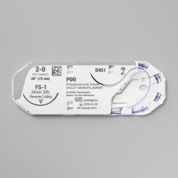 Image shows ProNorth Medical's DOXIPRO™ PD451 suture package, marked for veterinary use. The package displays a 2-0 suture size with a 30-inch violet monofilament and a 24 mm FS-1 reverse cutting needle, highlighting its absorbable nature and suitability for high-quality veterinary surgical care.