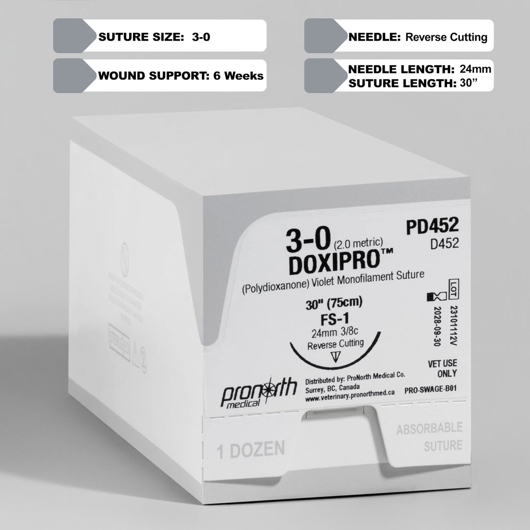 Image showing ProNorth Medical's DOXIPRO™ PD452 suture pack with a 3-0 violet monofilament and a 24mm FS-1 reverse cutting needle. The packaging indicates it's for veterinary use only, highlighting the suture's absorbable nature and is designed for high-performance in veterinary surgical settings.