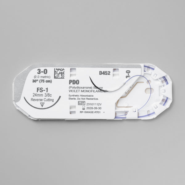 Image showing ProNorth Medical's DOXIPRO™ PD452 suture pack with a 3-0 violet monofilament and a 24mm FS-1 reverse cutting needle. The packaging indicates it's for veterinary use only, highlighting the suture's absorbable nature and is designed for high-performance in veterinary surgical settings.
