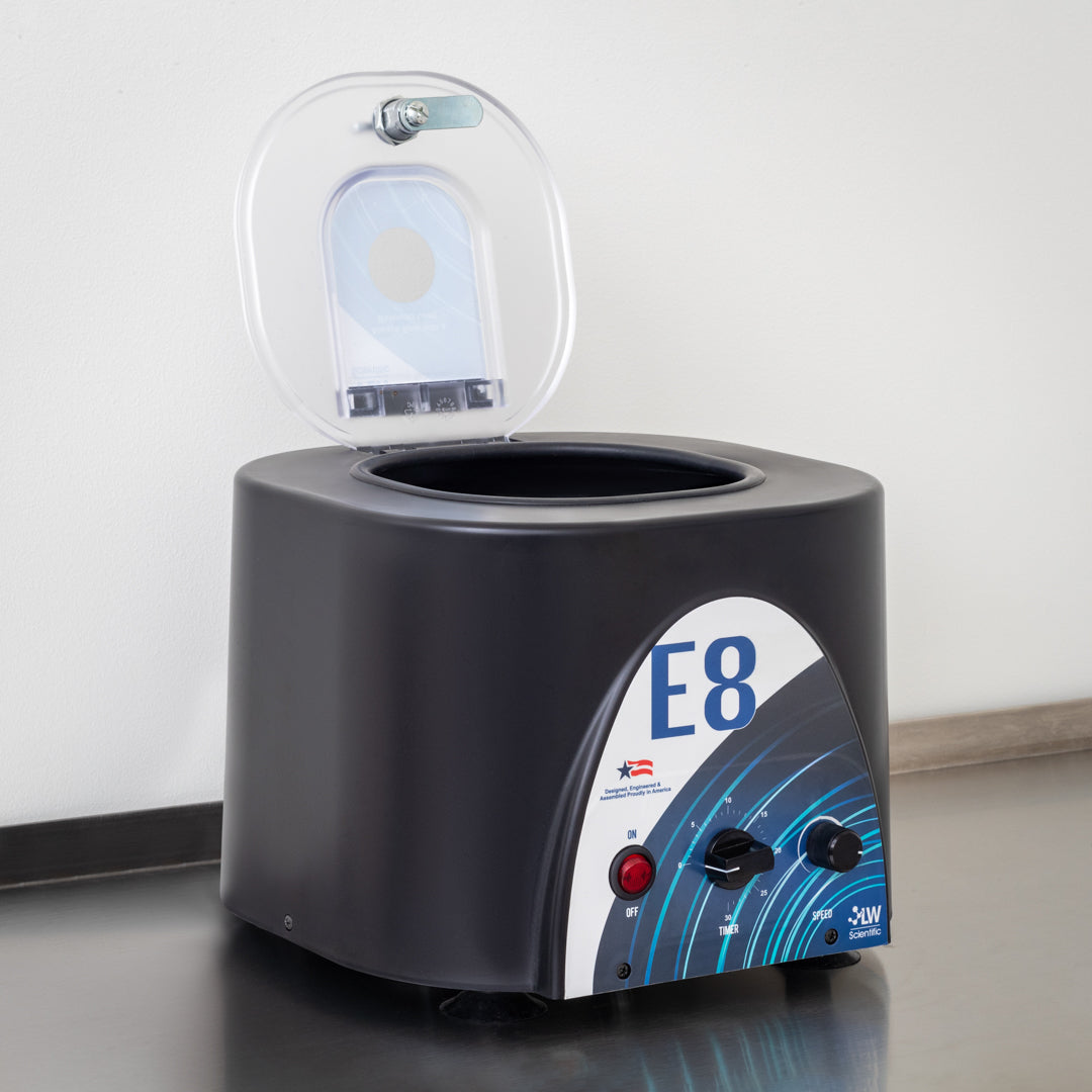 LW Scientific E8 Portafuge centrifuge with 8-tube capacity at 3500 RPM, perfect for mobile blood, urine, semen, and fecal testing.