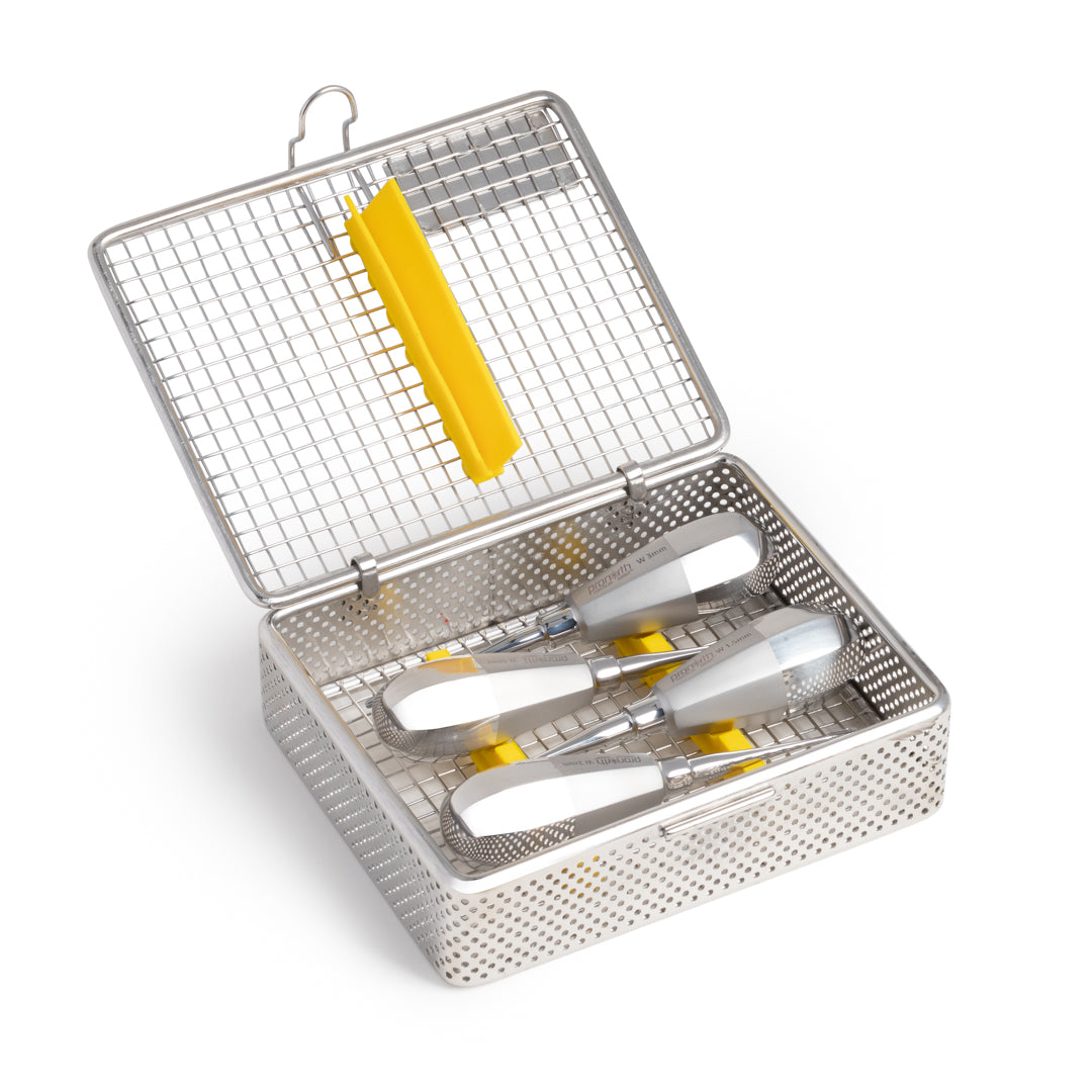 Set of 6 Winged Elevators with Stubby Handles in a Sterilizable Cassette, designed for precise tooth extraction with enhanced control.