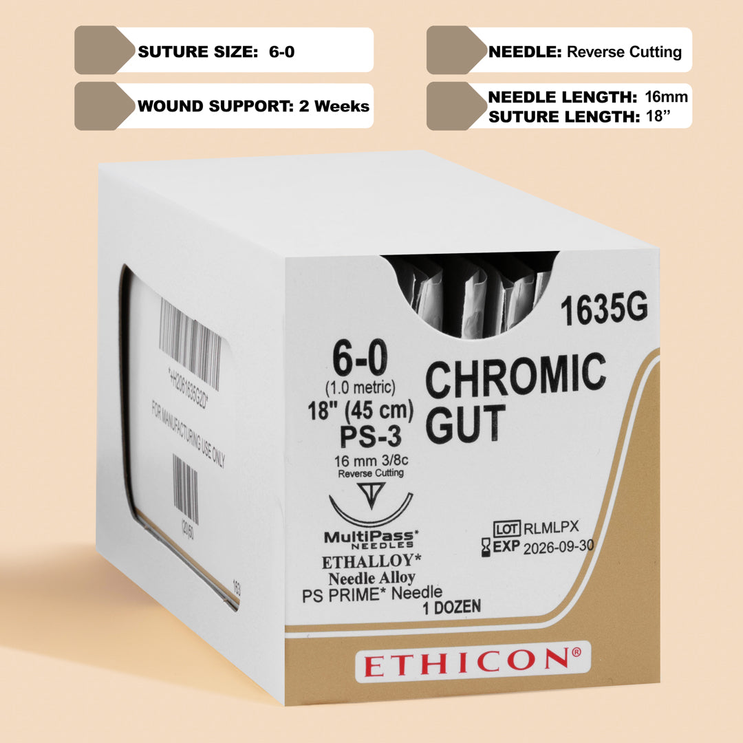 Product label for ETHICON 6-0 CHROMIC GUT Sutures with code 1635G. The label outlines essential details like suture gauge, length, color, and needle type, against a background with the prominent ETHICON branding. It's indicated for use with a PS-3 reverse cutting needle, suitable for precise surgical applications.
