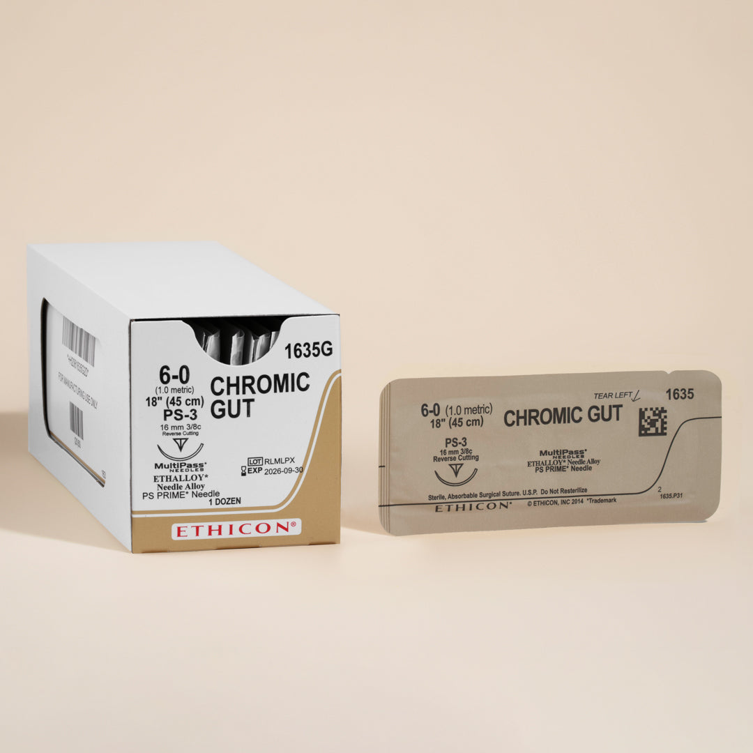 Product label for ETHICON 6-0 CHROMIC GUT Sutures with code 1635G. The label outlines essential details like suture gauge, length, color, and needle type, against a background with the prominent ETHICON branding. It's indicated for use with a PS-3 reverse cutting needle, suitable for precise surgical applications.