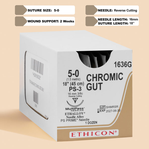 Ethicon 1636G Chromic Gut suture package, showcasing a 5-0 suture size with an 18-inch PS-3 reverse cutting needle. The box, labeled for wound closure, indicates the sutures are absorbable and naturally brown, intended for medical professionals who require high-quality suturing materials.