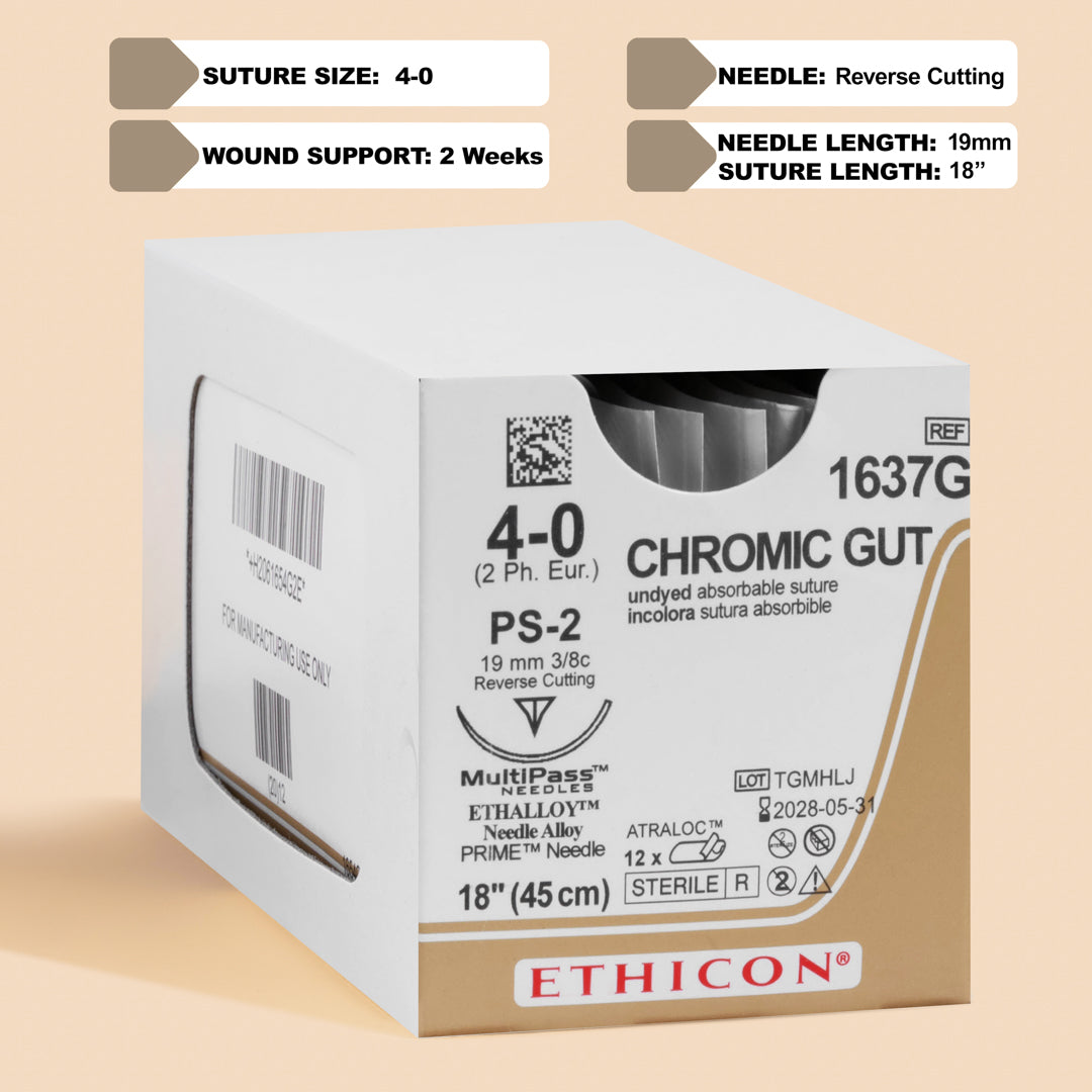 Box of Ethicon 4-0 Chromic Gut sutures, reference 1637G, featuring a natural brown, undyed 18-inch suture with a PS-2 reverse cutting needle. The packaging specifies the absorbable quality and the inclusion of MULTIPASS® needle technology, suitable for advanced surgical applications.