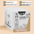 Box of Ethicon 4-0 Chromic Gut sutures, reference 1637G, featuring a natural brown, undyed 18-inch suture with a PS-2 reverse cutting needle. The packaging specifies the absorbable quality and the inclusion of MULTIPASS® needle technology, suitable for advanced surgical applications.