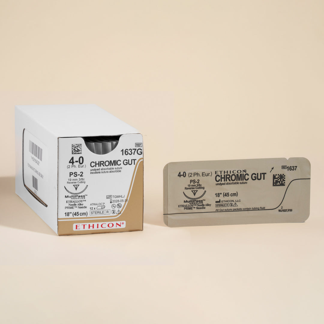 Box of Ethicon 4-0 Chromic Gut sutures, reference 1637G, featuring a natural brown, undyed 18-inch suture with a PS-2 reverse cutting needle. The packaging specifies the absorbable quality and the inclusion of MULTIPASS® needle technology, suitable for advanced surgical applications.