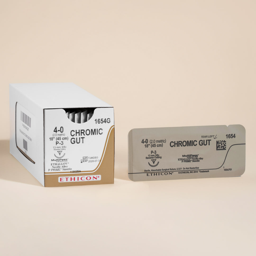 Ethicon's 1654G Chromic Gut suture package, displaying a 4-0 suture size and an 18-inch length with a P-3 reverse cutting needle. The box highlights the suture's natural brown color and absorbable properties, indicating its suitability for a range of surgical applications.