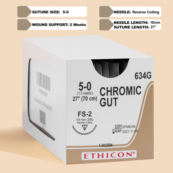 Image depicting a box of ProNorth Medical Corporation's 5-0 Chromic Gut Sutures 634G, showcasing the dyed brown sutures equipped with an FS-2 reverse cutting needle, designed for precision and ease of use in various surgical procedures.