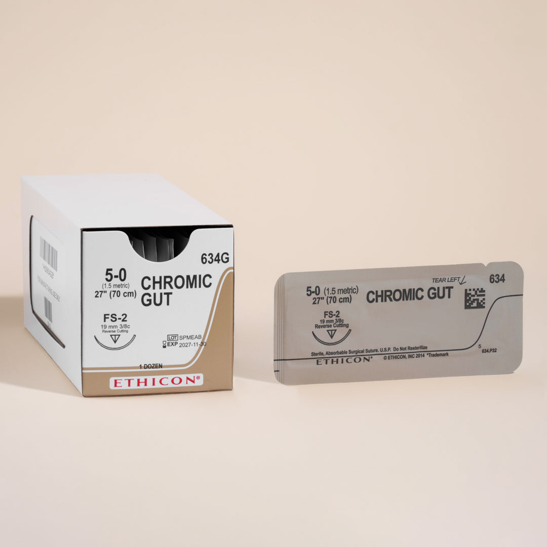 Image depicting a box of ProNorth Medical Corporation's 5-0 Chromic Gut Sutures 634G, showcasing the dyed brown sutures equipped with an FS-2 reverse cutting needle, designed for precision and ease of use in various surgical procedures.