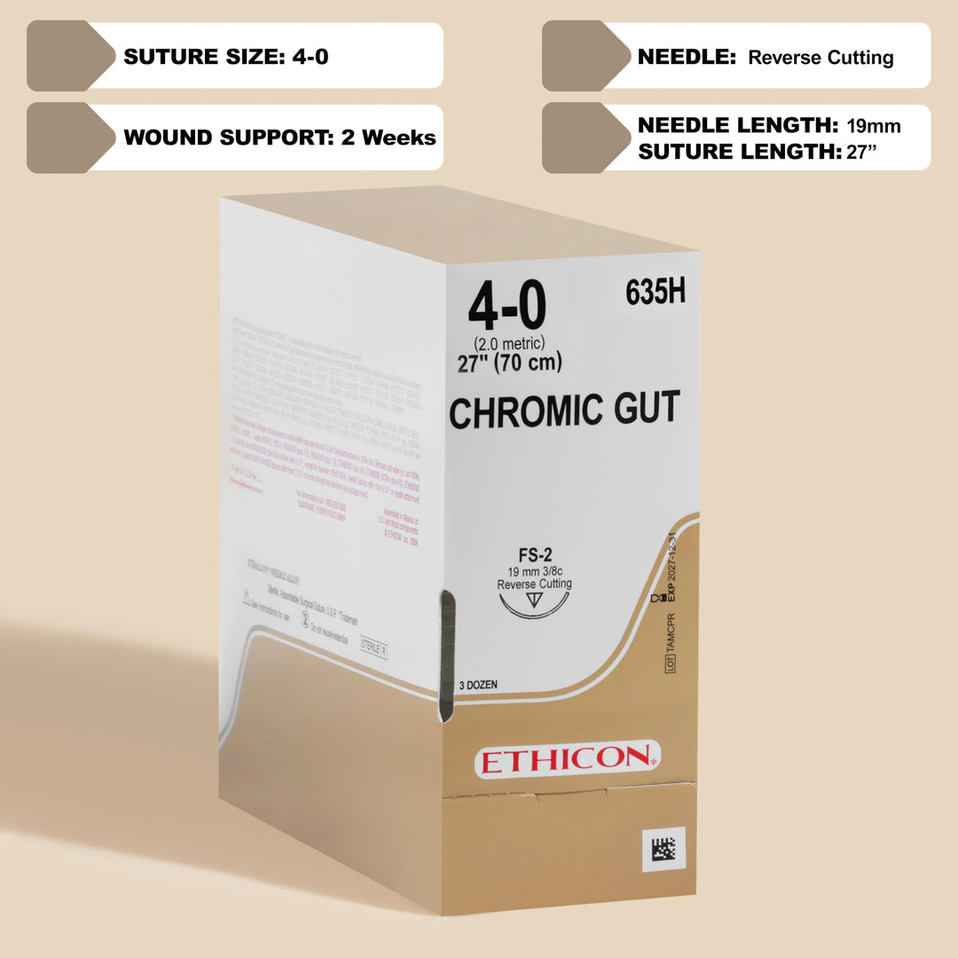 ProNorth Medical's ETHICON Chromic Gut suture pack labeled 635H, showing a 4-0 suture size with a 27-inch FS-2 reverse cutting needle. The packaging indicates the sutures are absorbable, brown in color, intended for ophthalmic use, and come in a pack of three dozen for extended medical application