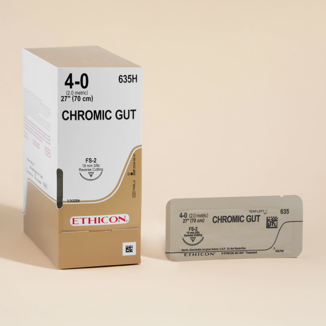 ProNorth Medical's ETHICON Chromic Gut suture pack labeled 635H, showing a 4-0 suture size with a 27-inch FS-2 reverse cutting needle. The packaging indicates the sutures are absorbable, brown in color, intended for ophthalmic use, and come in a pack of three dozen for extended medical application