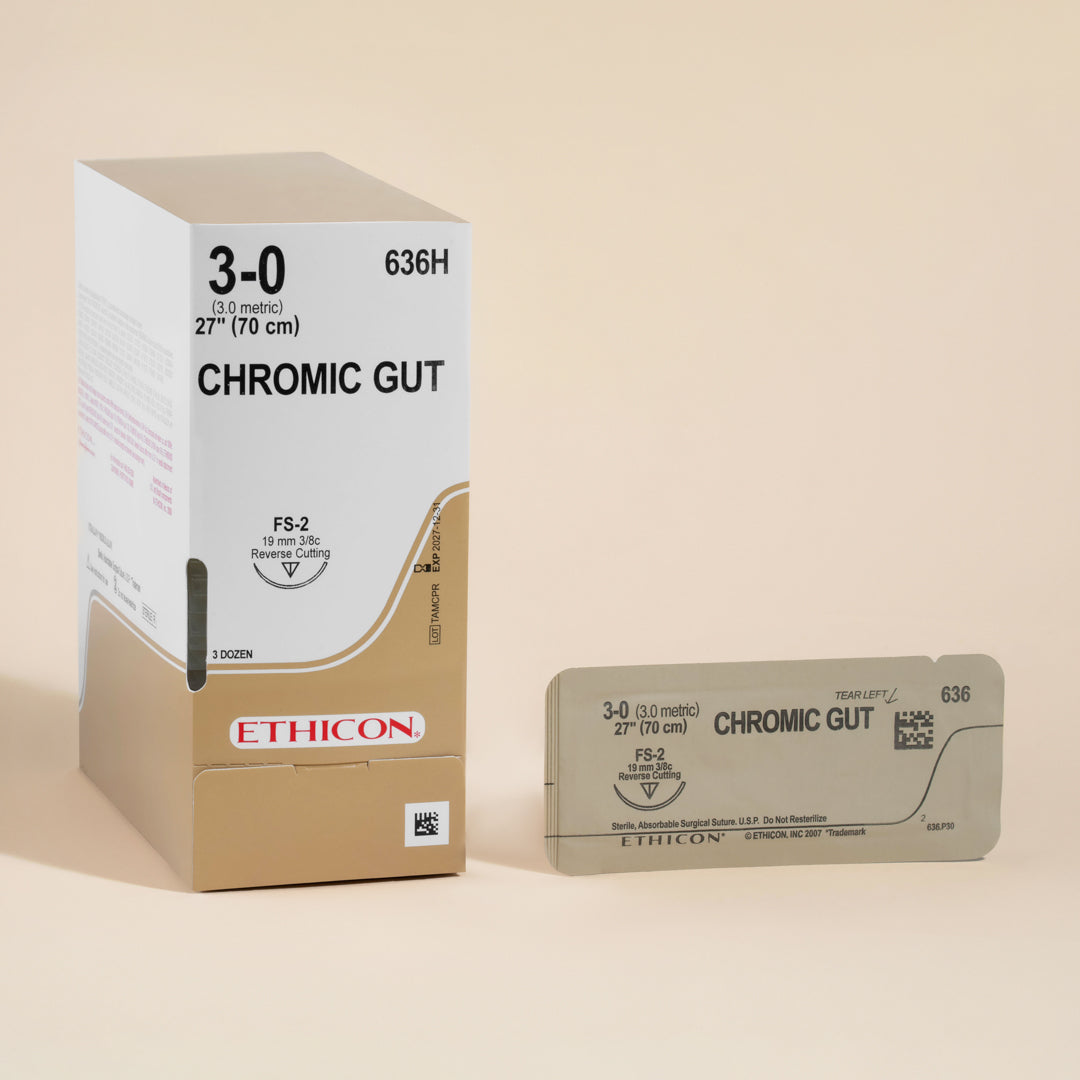 Image of ETHICON's 636H Chromic Gut suture box, with a 3-0 suture size and a 27-inch FS-2 reverse cutting needle, designed for effective wound closure. The box conveys the quantity of three dozen sutures, highlighting the chromic gut's absorbable properties and suitability for varied medical procedures.