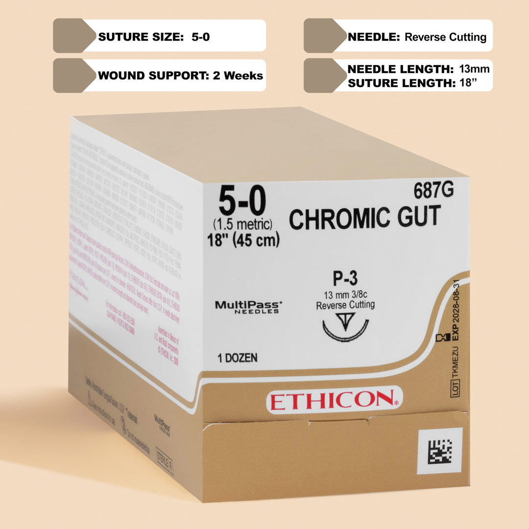 A box of ProNorth Medical Corporation's 5-0 Chromic Gut Sutures, model 687G, with an 18-inch length and equipped with a silver P-3 reverse cutting needle, tailored for intricate surgical applications and packaged to facilitate ease of use for medical professionals