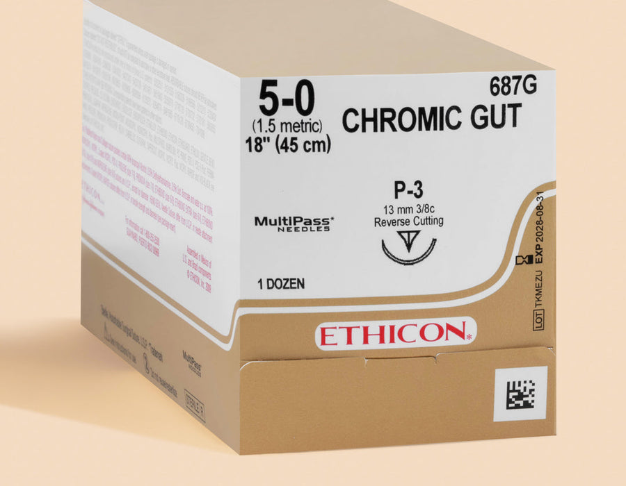 Fil de suture chirurgicale résorbable en Catgut chromé 5-0, aiguille P-3 de 45 cm | 687G