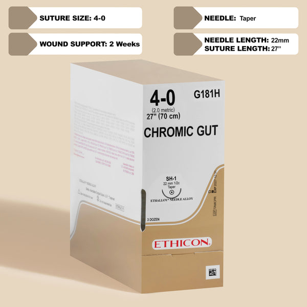 Ethicon G181H Chromic Gut suture package, showing a 4-0 natural brown, undyed suture of 27 inches in length, equipped with a 22mm SH-1 taper point needle. The packaging reflects the suture's absorbability, designed for effective wound closure in a variety of surgical procedures.
