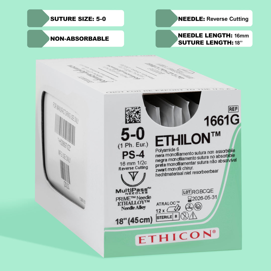 Box of Ethicon 5-0 ETHILON® Black Nylon Sutures, marked as 1661G, with an 18-inch length and a silver PS-4 reverse cutting needle, ready for surgical procedures requiring non-absorbable suturing.