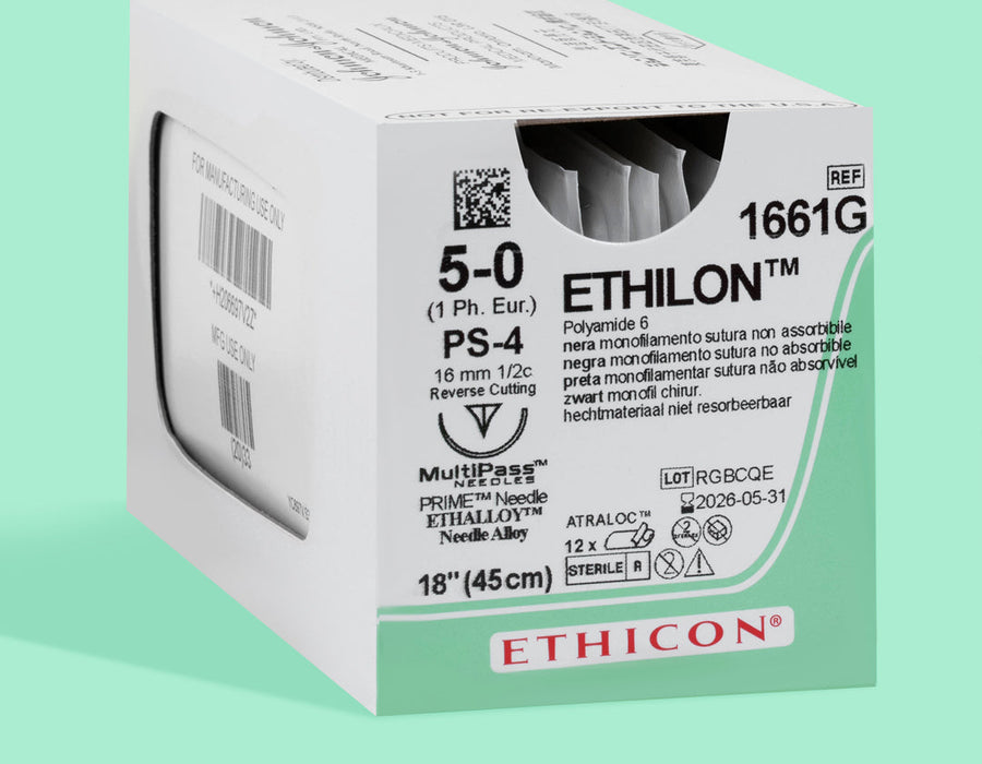 Fil de suture Ethilon noir 5-0, aiguille PS-4 de 45 cm | 1661G