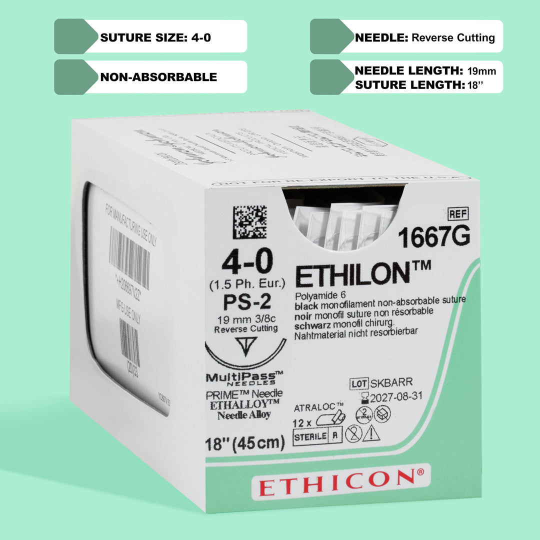 Box displaying Ethicon 4-0 ETHILON® Black Nylon Sutures with the reference number 1667G, featuring a silver PS-2 reverse cutting needle and 18-inch black sutures, known for their non-absorbable quality and superior performance in securing wounds.