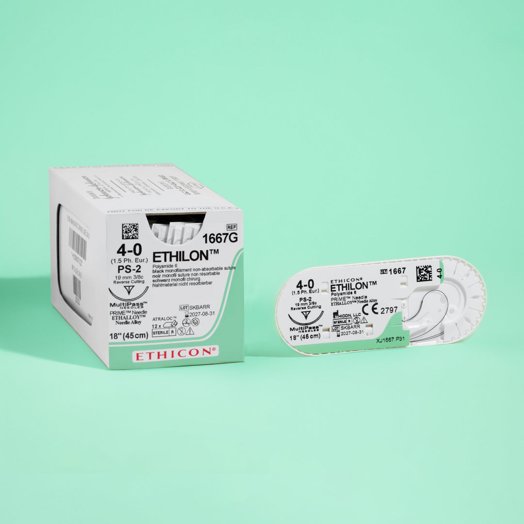 Box displaying Ethicon 4-0 ETHILON® Black Nylon Sutures with the reference number 1667G, featuring a silver PS-2 reverse cutting needle and 18-inch black sutures, known for their non-absorbable quality and superior performance in securing wounds.