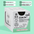A box of Ethicon 6-0 ETHILON® Black Nylon Sutures, with product code 1698G, featuring an 18-inch length and equipped with a silver P-3 reverse cutting needle. The suture pack is labeled for non-absorbable use, indicating its purpose for surgeries where durable, long-lasting suture material is required.
