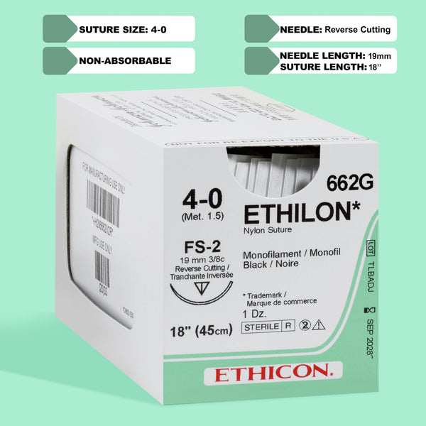 Box of Ethicon 4-0 ETHILON® Black Nylon Sutures, product number 662G, featuring a striking black suture color and an FS-2 reverse cutting needle, indicating its non-absorbable property and suitability for permanent wound closure in various surgical applications.