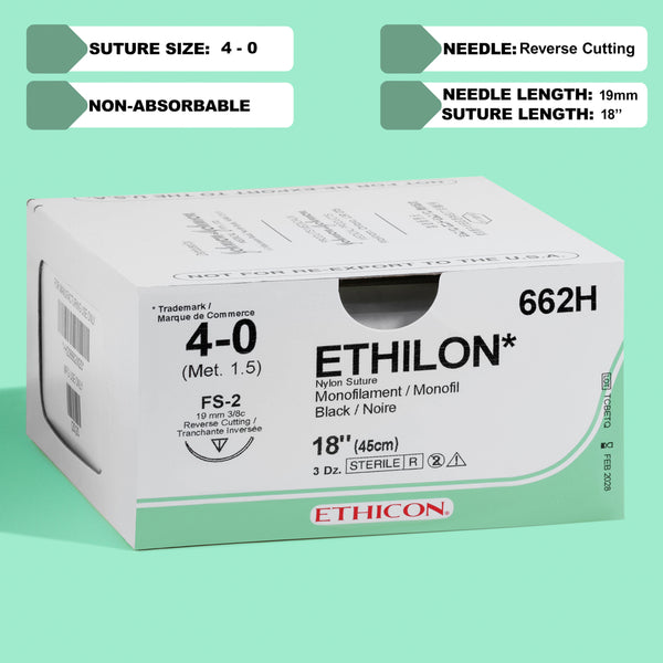 Ethicon 4-0 ETHILON® Black Nylon Suture pack, product code 662H, displaying the non-absorbable, black sutures paired with a silver FS-2 reverse cutting needle. The box quantity of 36 reflects Ethicon's commitment to providing ample, reliable suturing options for healthcare providers