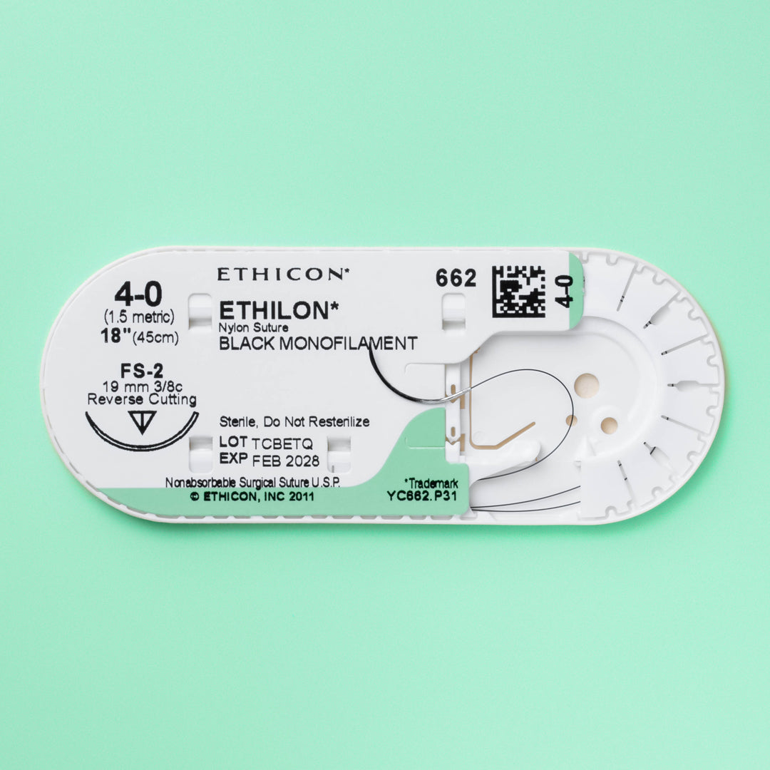 Ethicon 4-0 ETHILON® Black Nylon Suture pack, product code 662H, displaying the non-absorbable, black sutures paired with a silver FS-2 reverse cutting needle. The box quantity of 36 reflects Ethicon's commitment to providing ample, reliable suturing options for healthcare providers