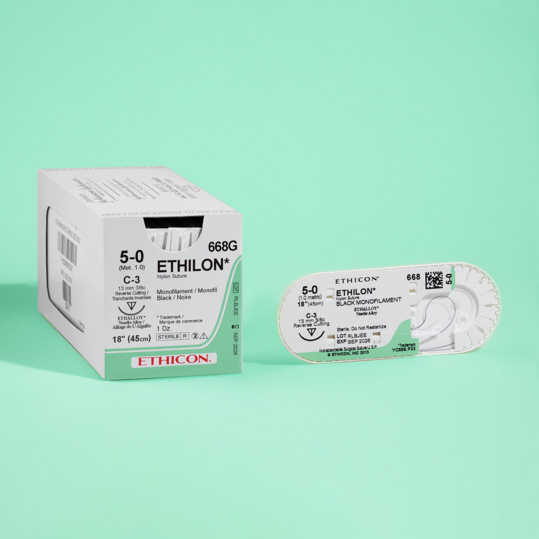 Box of Ethicon 5-0 ETHILON® Black Nylon Sutures, model number 668G, displaying black sutures paired with a silver C-3 reverse cutting needle. The packaging highlights the suture's non-absorbable nature and is designed for advanced surgical procedures requiring permanent wound closure.