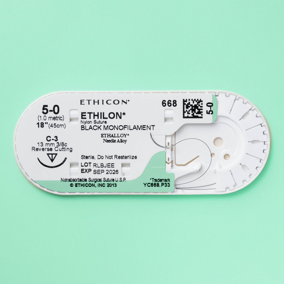 Box of Ethicon 5-0 ETHILON® Black Nylon Sutures, model number 668G, displaying black sutures paired with a silver C-3 reverse cutting needle. The packaging highlights the suture's non-absorbable nature and is designed for advanced surgical procedures requiring permanent wound closure.