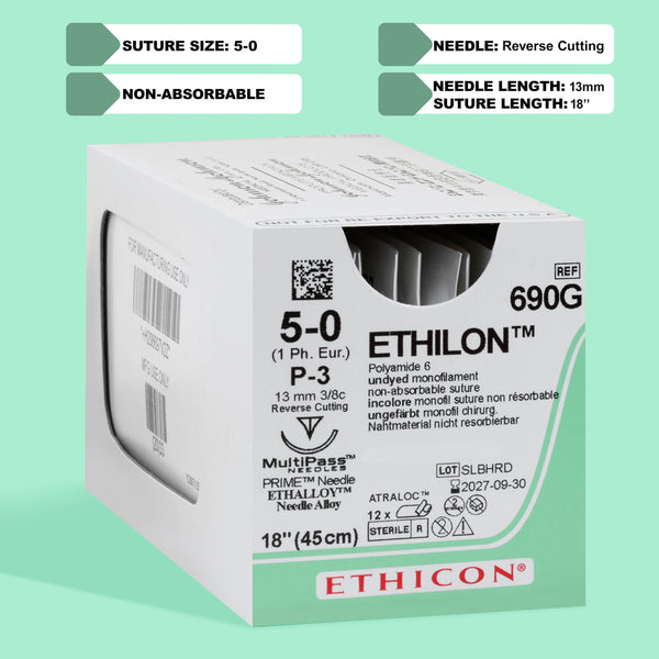 Box of Ethicon 5-0 ETHILON® Undyed Nylon Sutures, product number 690G, showcasing the clear, natural-colored sutures with a silver P-3 reverse cutting needle. The box emphasizes the non-absorbable and high-quality nature of the sutures, ideal for precise surgical wound closure.