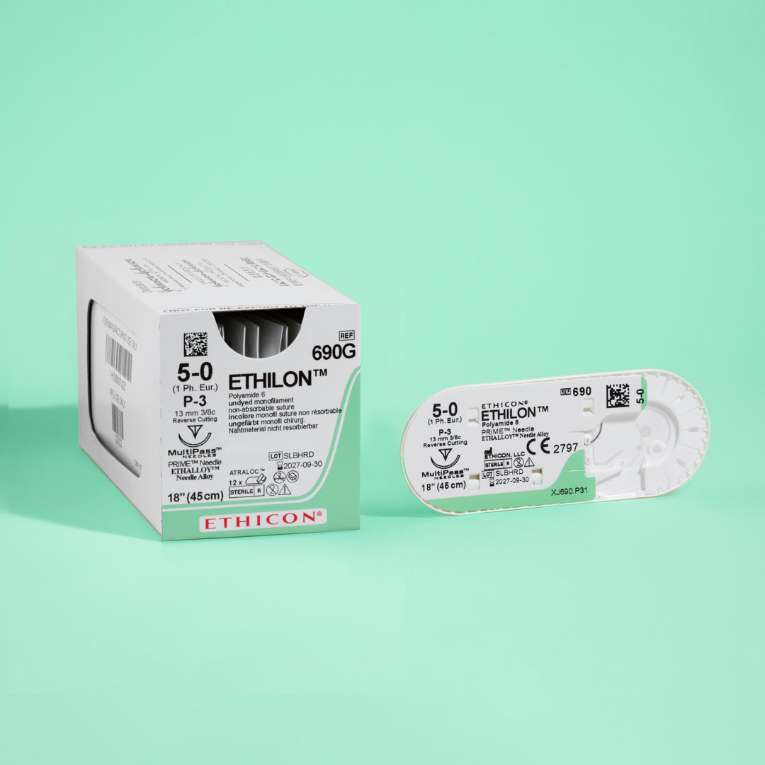 Box of Ethicon 5-0 ETHILON® Undyed Nylon Sutures, product number 690G, showcasing the clear, natural-colored sutures with a silver P-3 reverse cutting needle. The box emphasizes the non-absorbable and high-quality nature of the sutures, ideal for precise surgical wound closure.