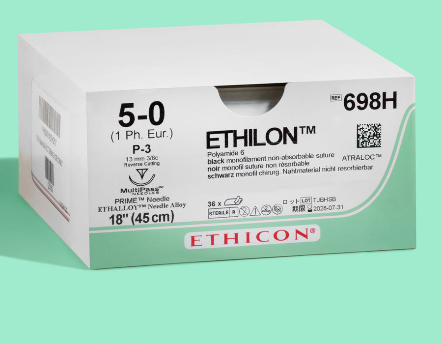 Fil de suture Ethilon noir 5-0, aiguille P-3 de 45,7 cm | 698H