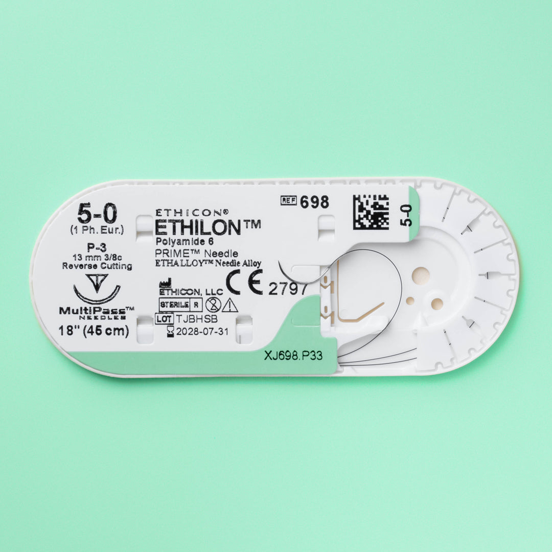 Ethicon 5-0 ETHILON® Black Nylon Sutures, reference number 698H, featuring an 18-inch length with a P-3 reverse cutting needle. The black color of the sutures ensures visibility, and the MULTIPASS® needle technology promises enduring sharpness for complex surgical procedures.