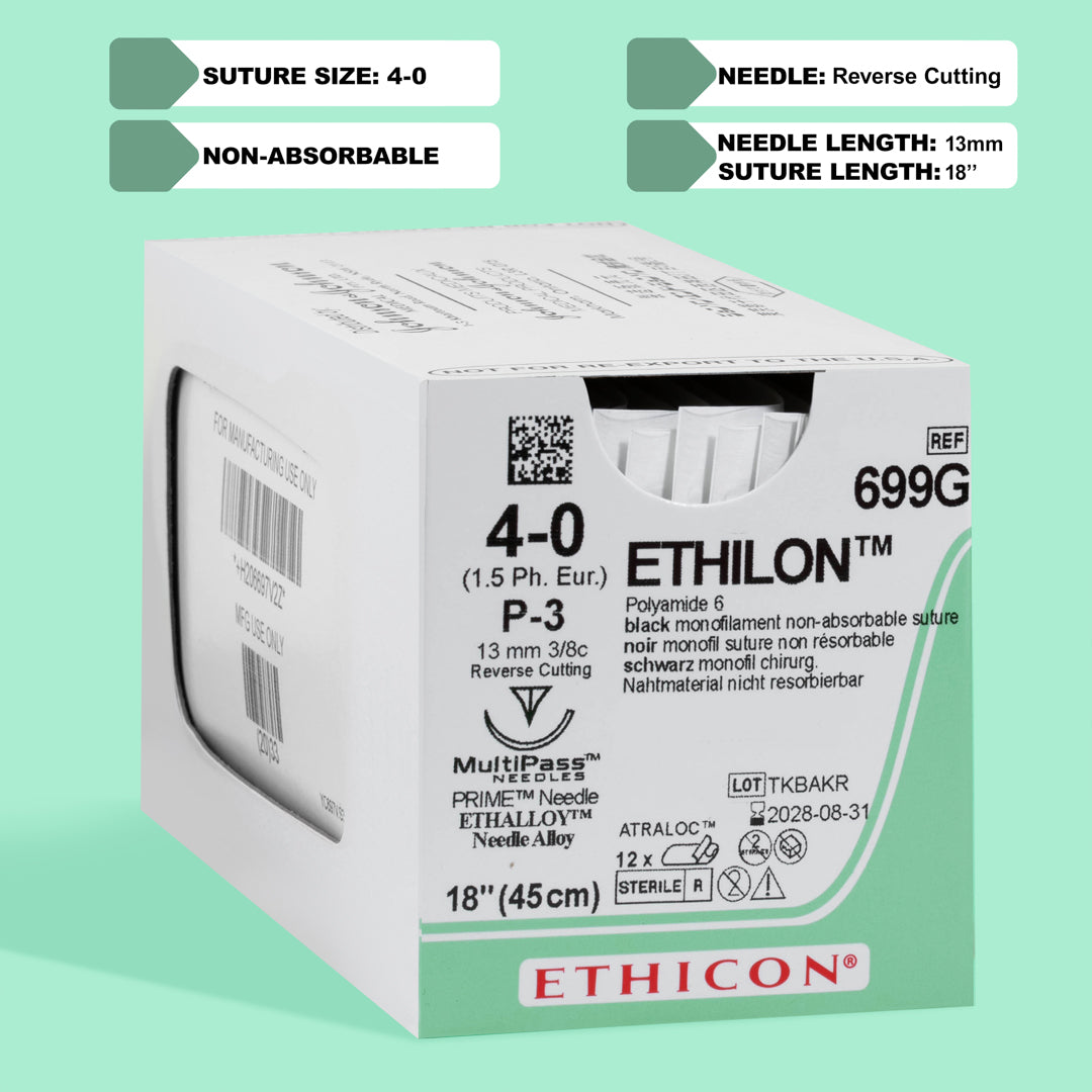 Box of Ethicon 4-0 ETHILON® Black Nylon Sutures, product code 699G, with a silver P-3 reverse cutting needle. The packaging denotes the sutures' non-absorbable nature and the inclusion of MULTIPASS® needle technology, suitable for advanced surgical procedures requiring precise wound closure.