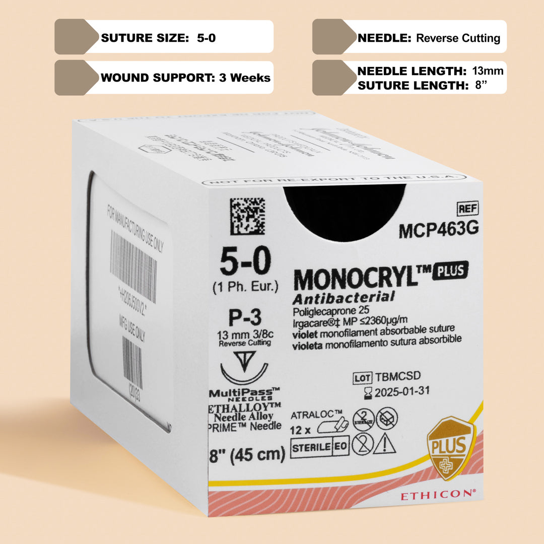 Box of Ethicon 5-0 MONOCRYL® Plus Violet Sutures, MCP463G, featuring antibacterial properties with an 18-inch length and a silver P-3 reverse cutting needle. The suture's unique composition and color are designed for effective wound closure with added infection control.